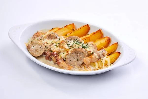 Sausage Potatoes White Plate Close — Stock Photo, Image