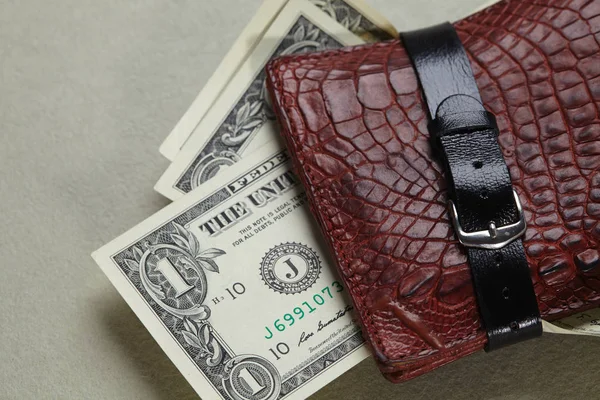 wallet with money wrapped with belt, close-up