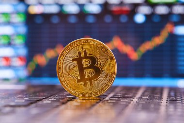 grafik arka plan üzerinde Kripto para birimi için kavramsal görüntü ile klavye üzerinde altın bitcoin