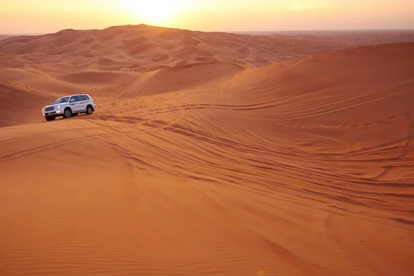 Катание Машине Песчаной Пустыне Закате — стоковое фото