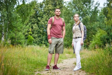 ormanda yürüyüş güneşli gün iki gezginler 