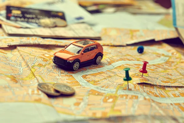 Small Toy Car Map Travel Concept — Stock Photo, Image