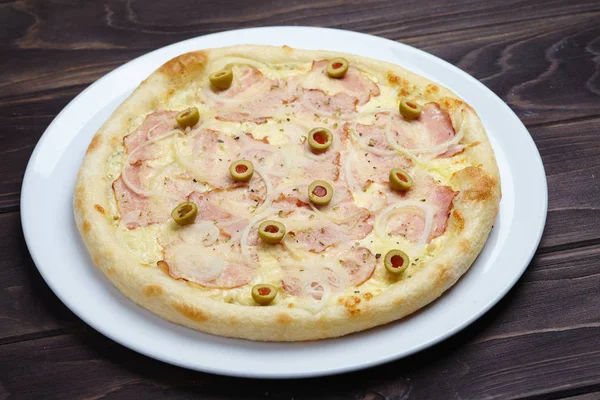 Finom Pizzával Hátterén — Stock Fotó