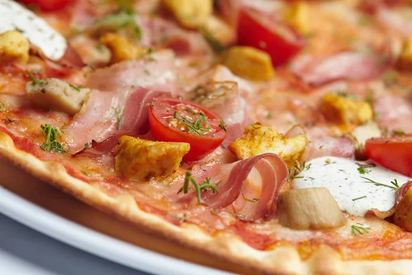 Tasty Pizza Bacon Cherry Tomatoes White Plate Close — Stock Photo, Image