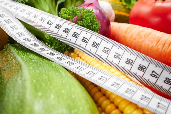 Pile Fresh Vegetables Measure Tape Close — Stock Photo, Image