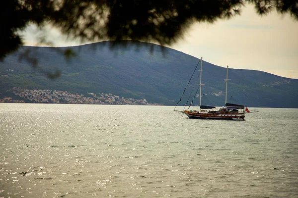 Båt Flyter Havet Gyllene Solnedgången Porto Montenegro — Stockfoto