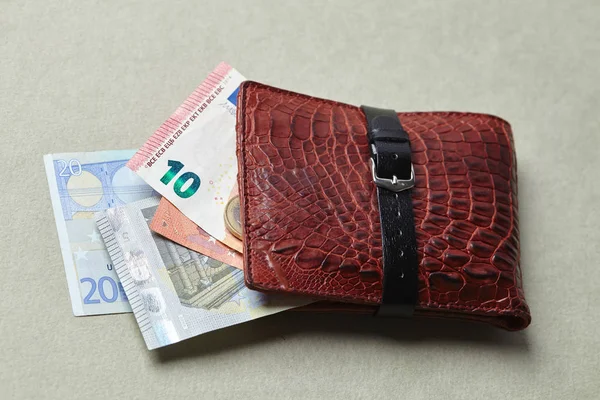Бумажник Кожи Банкнотами Евро Светлом Фоне — стоковое фото