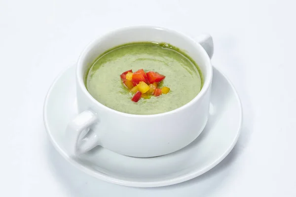 Green cream soup in white bowl, close-up — Stock Image Green Cream Soup White Bowl Close Royalty Free Stock Images