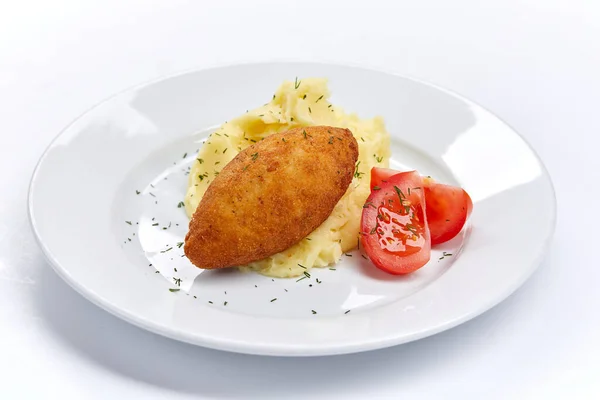 Cutlet Mashed Potato Tomato White Plate Close View — Stock Photo, Image