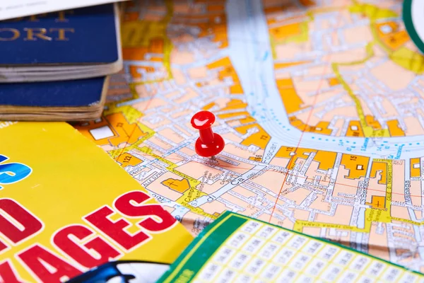 Pins Marking Travel Itinerary Points Map Passports — Stock Photo, Image