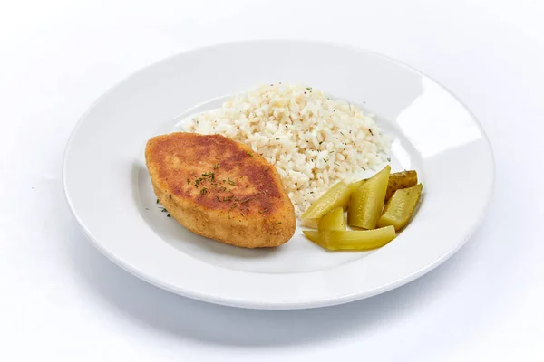 Κοτολέτες Ρύζι Λευκό Πιάτο Κοντινή Θέα — Φωτογραφία Αρχείου