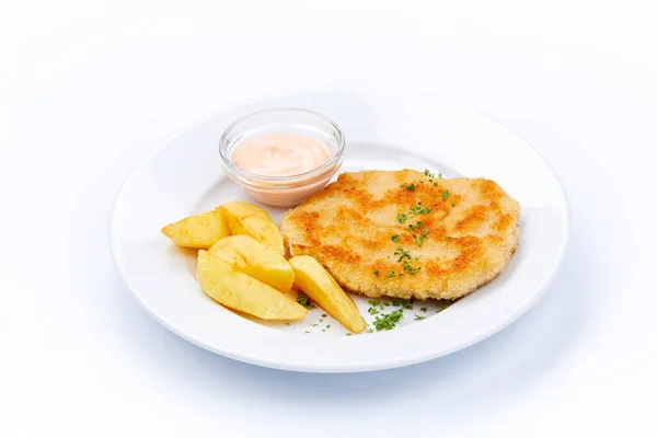 Schnitzel Potatoes White Plate Close View — Stock Photo, Image