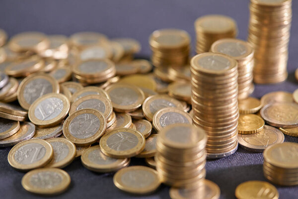 pile of golden euro coins. Euro currency and Money concept