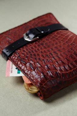 Paralı ve kemerli deri cüzdan, yakın görüş. 
