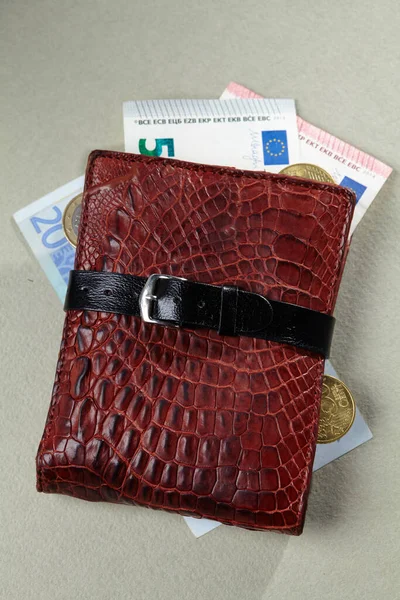 leather wallet with money and belt, close view