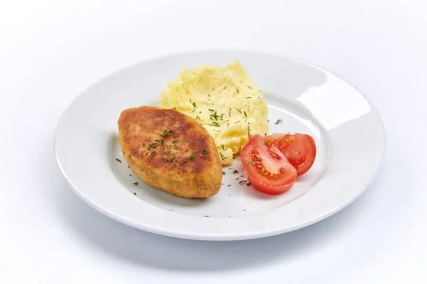 Cutlet Mashed Potato White Plate Close View — Stock Photo, Image