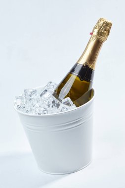 Kovadaki şampanya şişesi beyaz arka planda izole edilmiş, yakın görüş. 