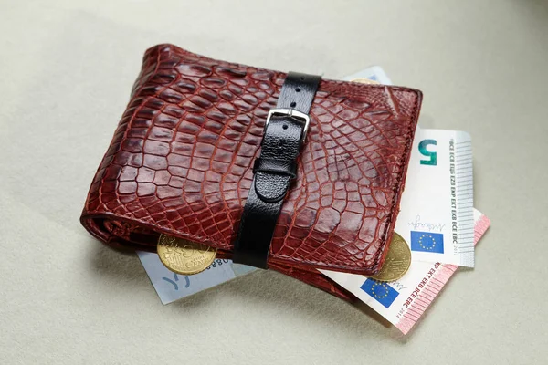 leather wallet with money and belt, close view