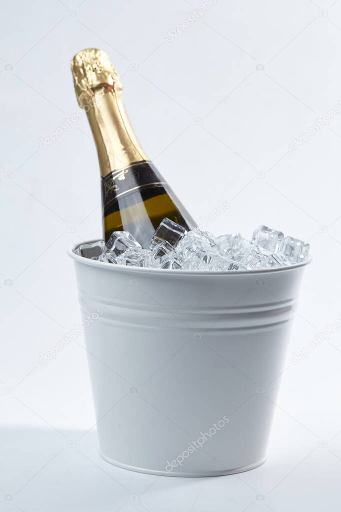 Champagne bottle in bucket isolated on white background, close view 