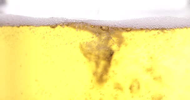 Bicchiere di birra primo piano con schiuma su sfondo bianco — Video Stock