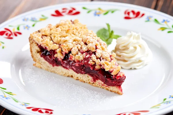 Cake Berries Whipped Cream White Plate Close View — Stock Photo, Image