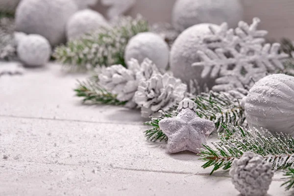 Christmas Decoration White Balls Table Close View — Stock Photo, Image