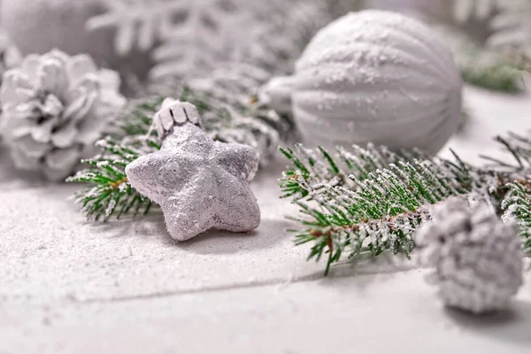 Christmas Decoration White Balls Table Close View — Stock Photo, Image