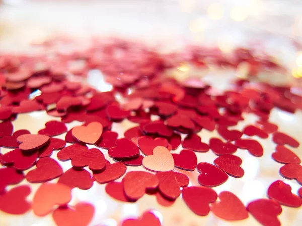 Red Hearts Confetti Golden Background Romantic Concept — Stock Photo, Image