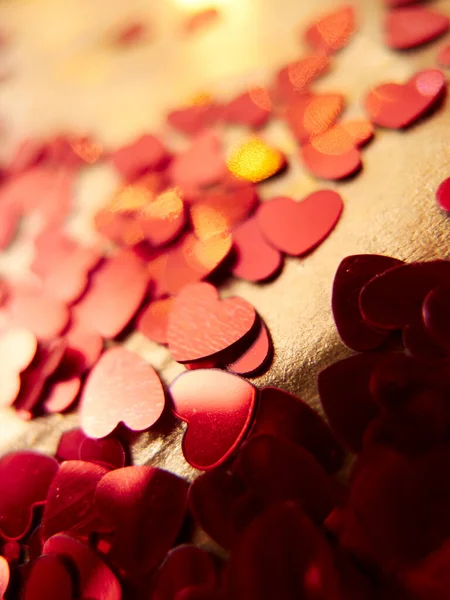 Red Hearts Confetti Golden Background Romantic Concept — Stock Photo, Image