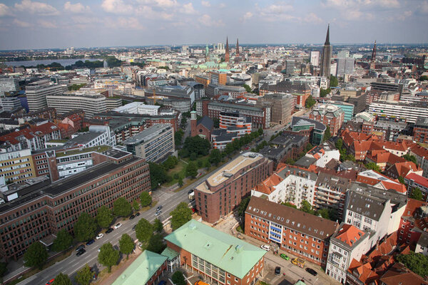 Hamburg, Germany - July 28, 2014: Aerial view of Alster Lake, Rathaus and downtown Hamburg city from st. Michael's Church tower