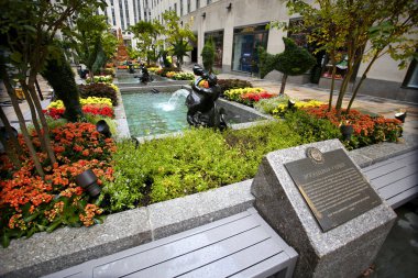 New York, Amerika Birleşik Devletleri - 23 Ağustos 2018: Rockefeller Plaza, güzel çiçek açan çiçek, Çeşme ve heykel kanal Gardens, Rockefeller Center, New York.