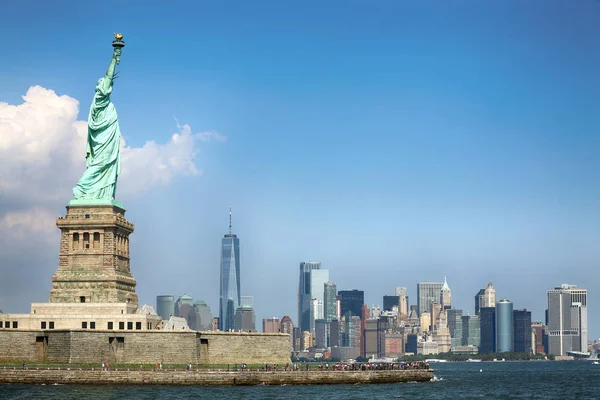 Panorama Syn Frihetsgudinnan Och Skyline Manhattan New York City Förenta — Stockfoto