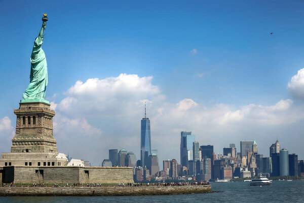 View of Panorama on Statue of Liberty and the Skyline of Manhattan, New York City, United States