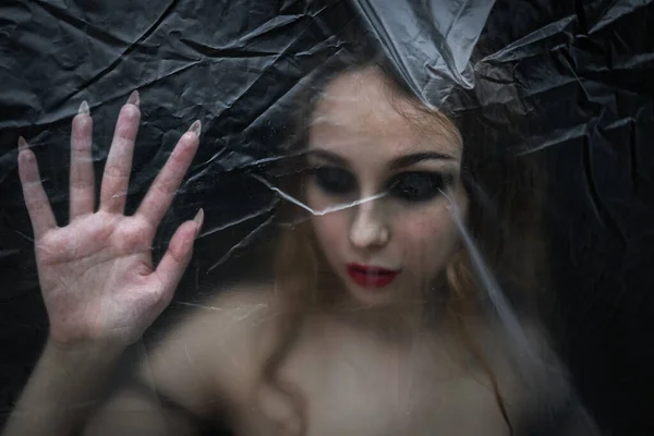 Young Beauty Sad Woman Trapped Plastic Sheet Protection Covid Nicely — Stock Photo, Image