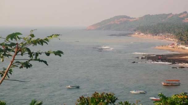 Vidvinkel Stranden Och Palmer Goa Anjuna Beach Indien — Stockvideo