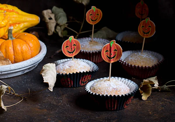 Halloween cupcakes and pumpkins — Stock Photo, Image