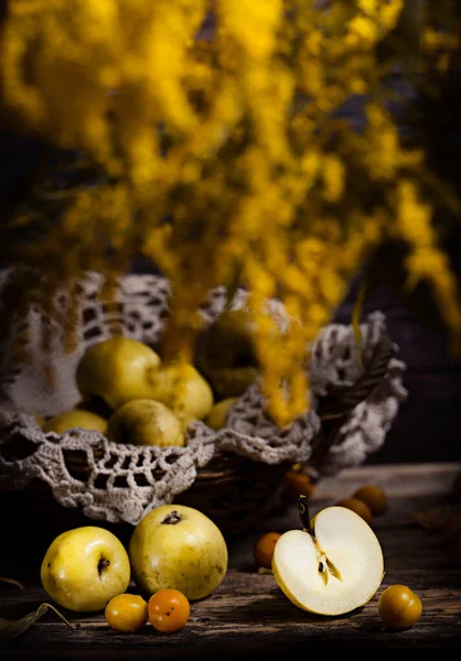 Wild Yellow Apple Wooden Background — Stock Photo, Image