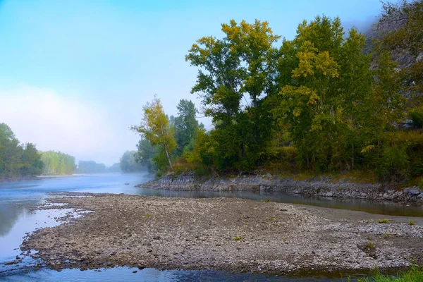 Nebbia Sul Fiume Katun Mattina Autunno Altai Krai — Foto Stock