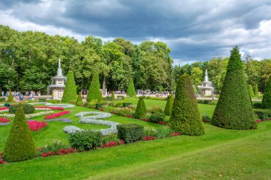Peterhof, Rusya-15 Ağustos 2019: Roma çeşmesinin önündeki çiçek parkuru Aşağı Park, Peterhof, Saint Petersburg, Russi