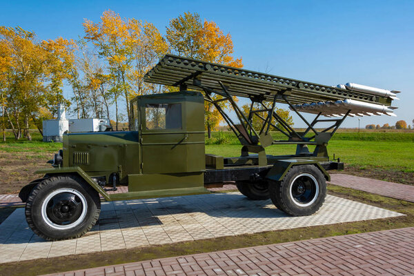 Kemerovo region-Kuzbass, Russia-22 September 2019: Guards mortar BM-13 "Katyusha" in the Museum of Tanay airfield, Kemerovo region-Kuzbass, Russi