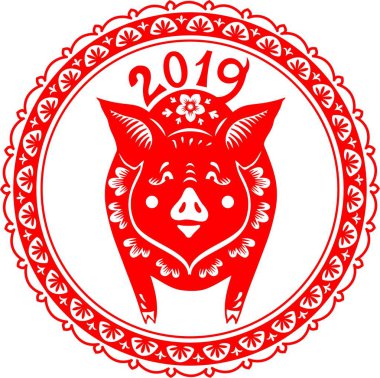 Domuz için Çin yeni yıl 2019. Tarzı geleneksel Çince dekoratif kağıt kesme.