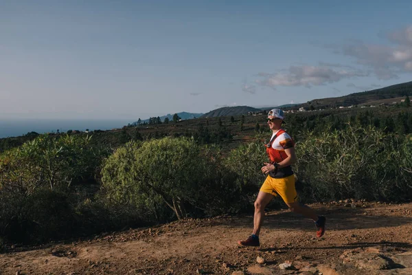 田径运动员在越野径赛中 适合男性跑步者在美丽的山地自然景观下进行户外活动训练和跳跃 健康的生活方式和锻炼理念 — 图库照片