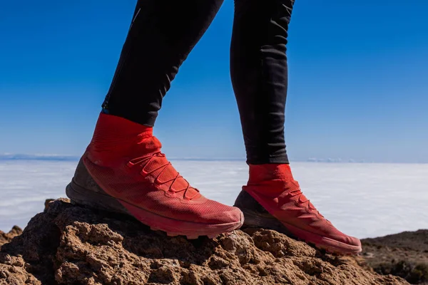 Lyckad Löparvandrare Njuta Utsikten Bergstoppen Klippkanten Teneriffa Spanien — Stockfoto