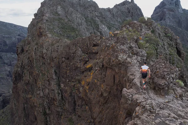 クロスカントリーコースのスポーツランニングマンが走ります 美しい山の自然景観の中で男性ランナーの運動トレーニングや屋外ジャンプに適合 — ストック写真