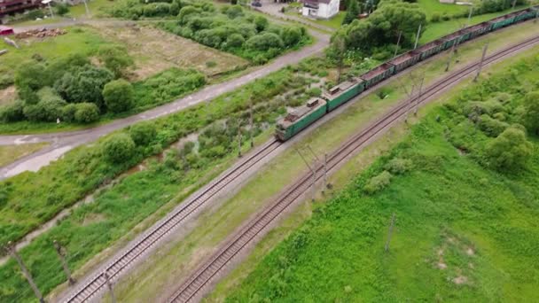 Pociąg Towarowy Przewozi Lokomotywę Elektryczną Koleją Lesie Karpaty Ukraina Fotografia — Wideo stockowe