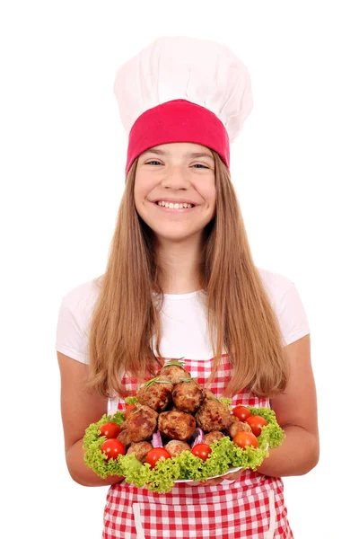 Belle Fille Cuisinier Avec Boulettes Viande — Photo