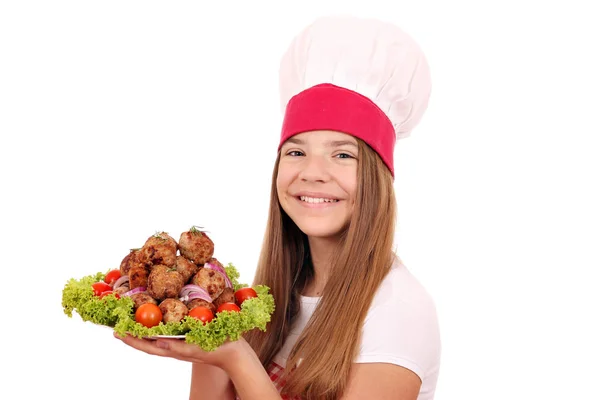 Fille Heureuse Cuisinier Avec Boulettes Viande — Photo