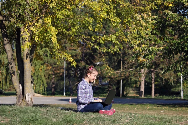 Glückliches Kleines Mädchen Spielt Laptop Park — Stockfoto