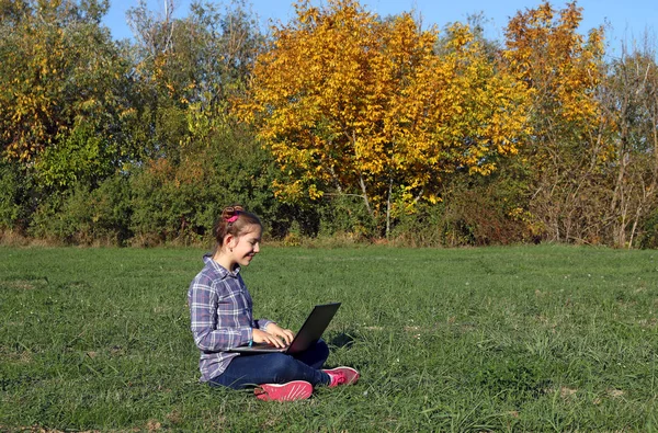 草の上に座って ノート パソコンに秋シーズンをプレイ女の子 — ストック写真