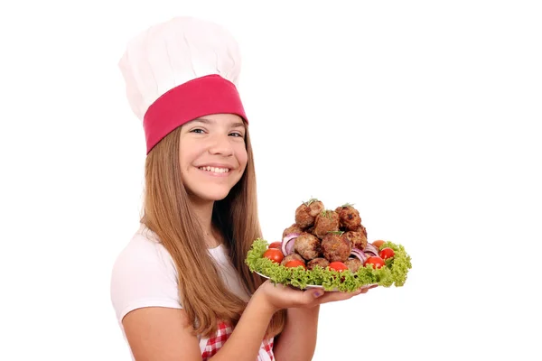 Happy Little Girl Cook Meatballs Plate — Stock Photo, Image